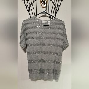 Alfred Dunner Silver Sequin Striped Short Sleeve Top